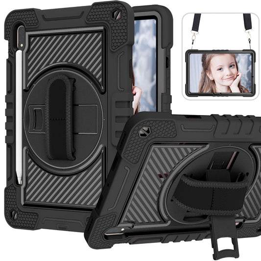 For Samsung Galaxy Tab A7 Lite A8 S6 Lite S7 FE S8 PLUS Case Military Grade Heavy Duty Shockproof Cover - Pencil Holder - Rotating Stand - Hand/Shoulder Strap - Black