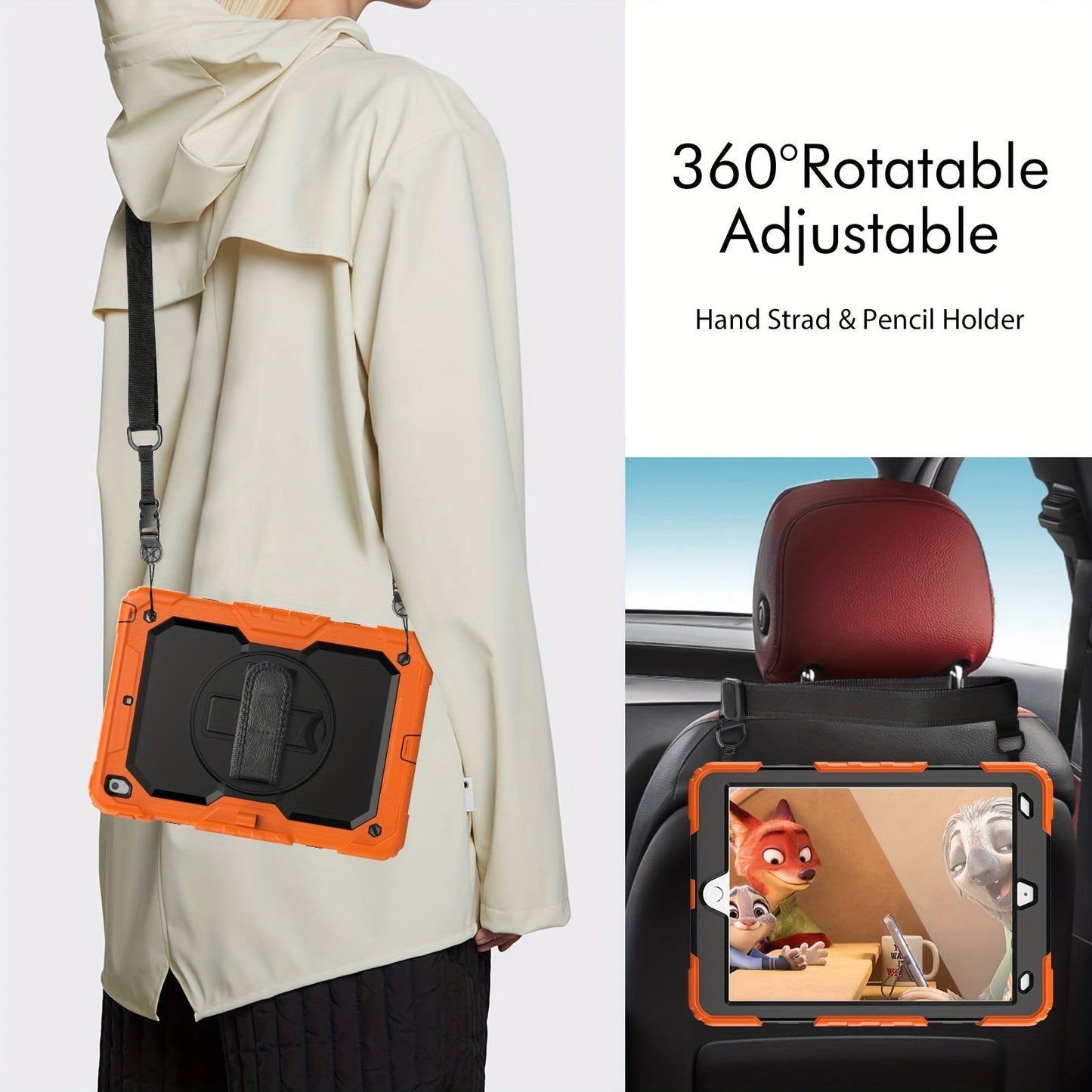 Heavy Duty Shockproof Protective Case for iPad 5th-10th Gen, Mini 6, Pro 11 - Orange, with Screen Protector, Stand, Strap, Pen Holder