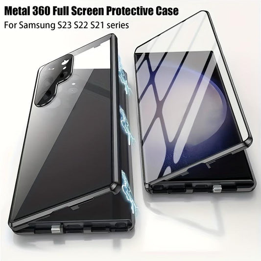 No Fingerprint Identification, Cannot Be Used Normally With Phone Film, Not Shockproof, Full-coverage Phone Case For Samsung Galaxy S23 S21 S22 Ultra, 360° Flip Metal Plated Phone Case With HD Tempered Glass Full Screen Protective Cover