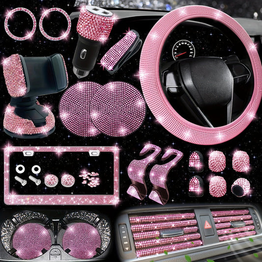27pcs Bling Car Accessories Set For Women, Bling Steering Wheel Covers Universal Fit 15 Inch, Bling License Plate Frame, Phone Holder, Car Coasters