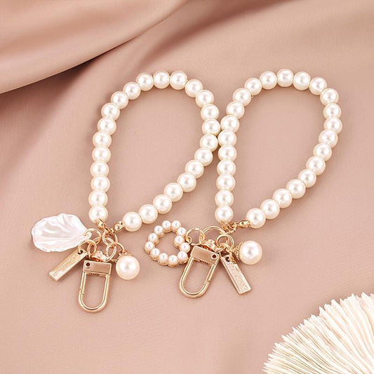 Faux Pearl Beaded Wristlet Phone Lanyard Strap Cord Cute Shell Heart Bracelet Key Chain Purse Bag Charm Earbud Case Cover Accessories Women Girls Gift
