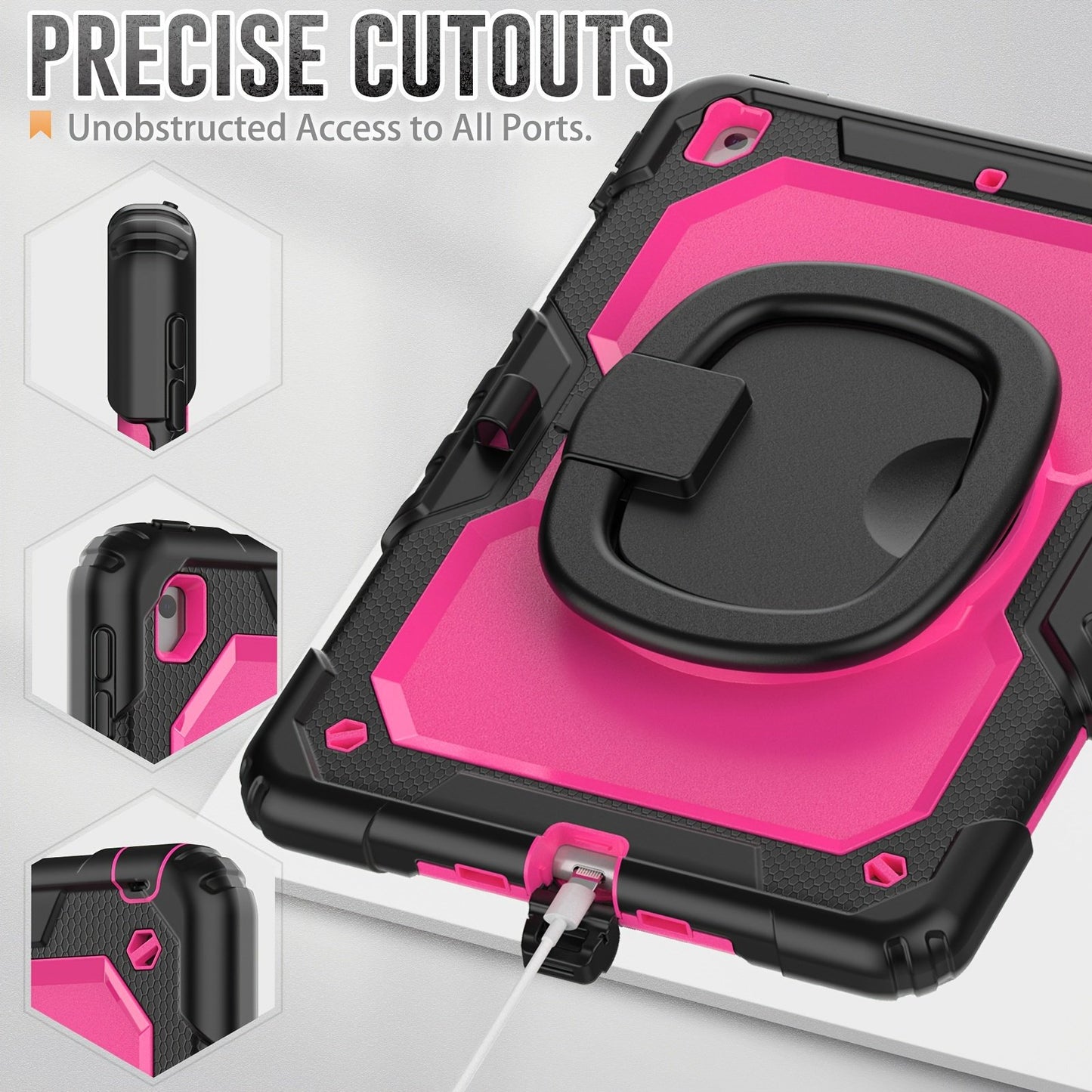 For IPad Heavy Duty Shockproof Case No Screen Protector With Stand, Hand Strap/Shoulder Strap And Pencil Holder, Rose Red