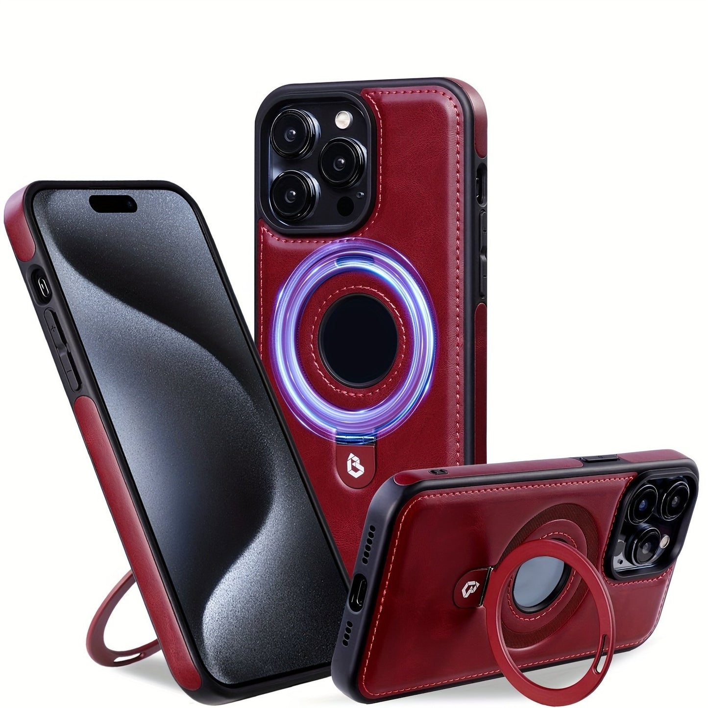 Magnetic Ring Stand Designed For IPhone Case |       Protective Faux Leather Case | Compatible With Wireless Magnetic | For Men Woman