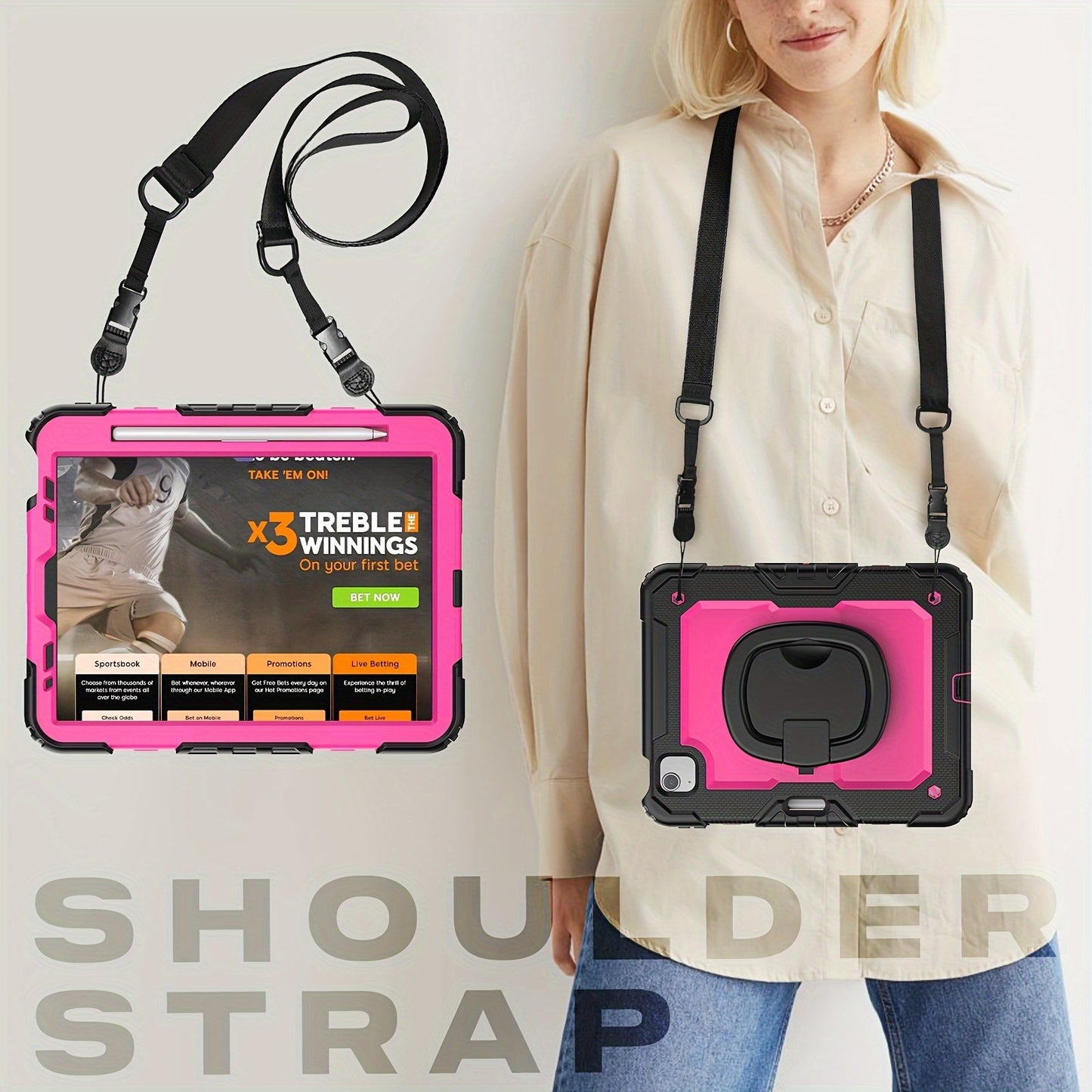 For IPad Heavy Duty Shockproof Case No Screen Protector With Stand, Hand Strap/Shoulder Strap And Pencil Holder, Rose Red