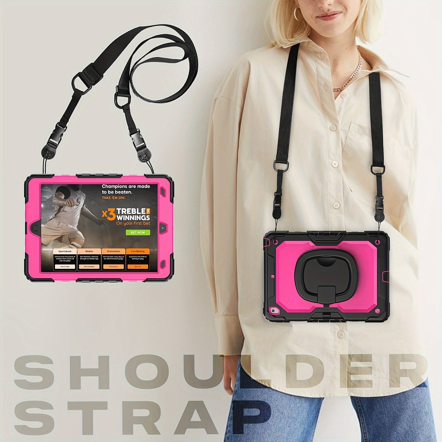 For IPad Heavy Duty Shockproof Case No Screen Protector With Stand, Hand Strap/Shoulder Strap And Pencil Holder, Rose Red