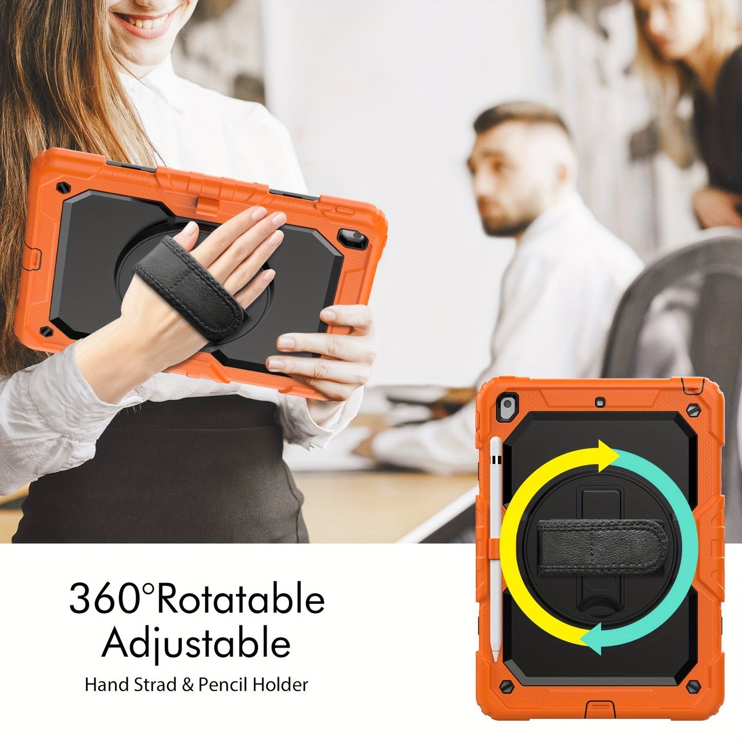 Heavy Duty Shockproof Protective Case for iPad 5th-10th Gen, Mini 6, Pro 11 - Orange, with Screen Protector, Stand, Strap, Pen Holder