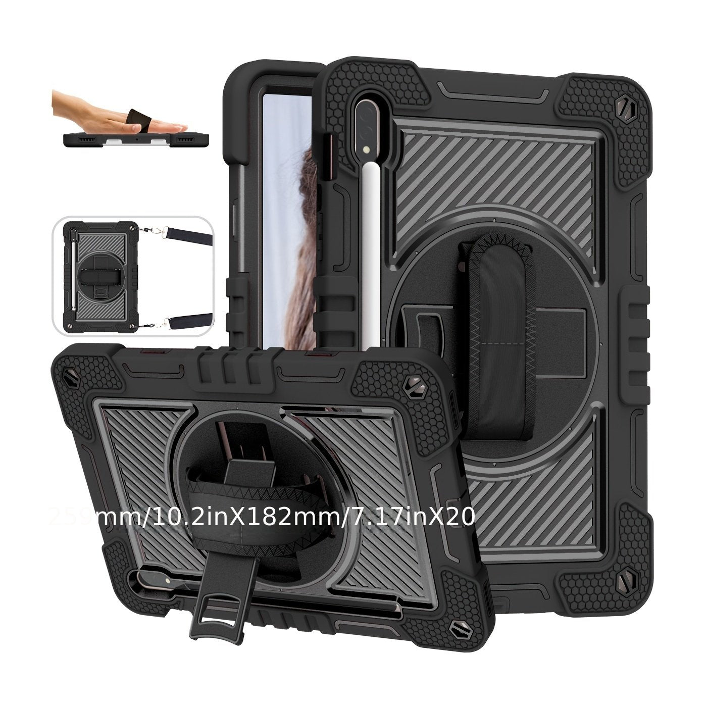For Samsung Galaxy Tab A7 Lite A8 S6 Lite S7 FE S8 PLUS Case Military Grade Heavy Duty Shockproof Cover - Pencil Holder - Rotating Stand - Hand/Shoulder Strap - Black