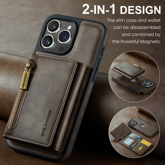 RFID Blocking Leather Wallet Phone Case with Magnetic Detachable Case, Kickstand, Card Holder, and Zipper Pocket for iPhone Series ProMax Plus