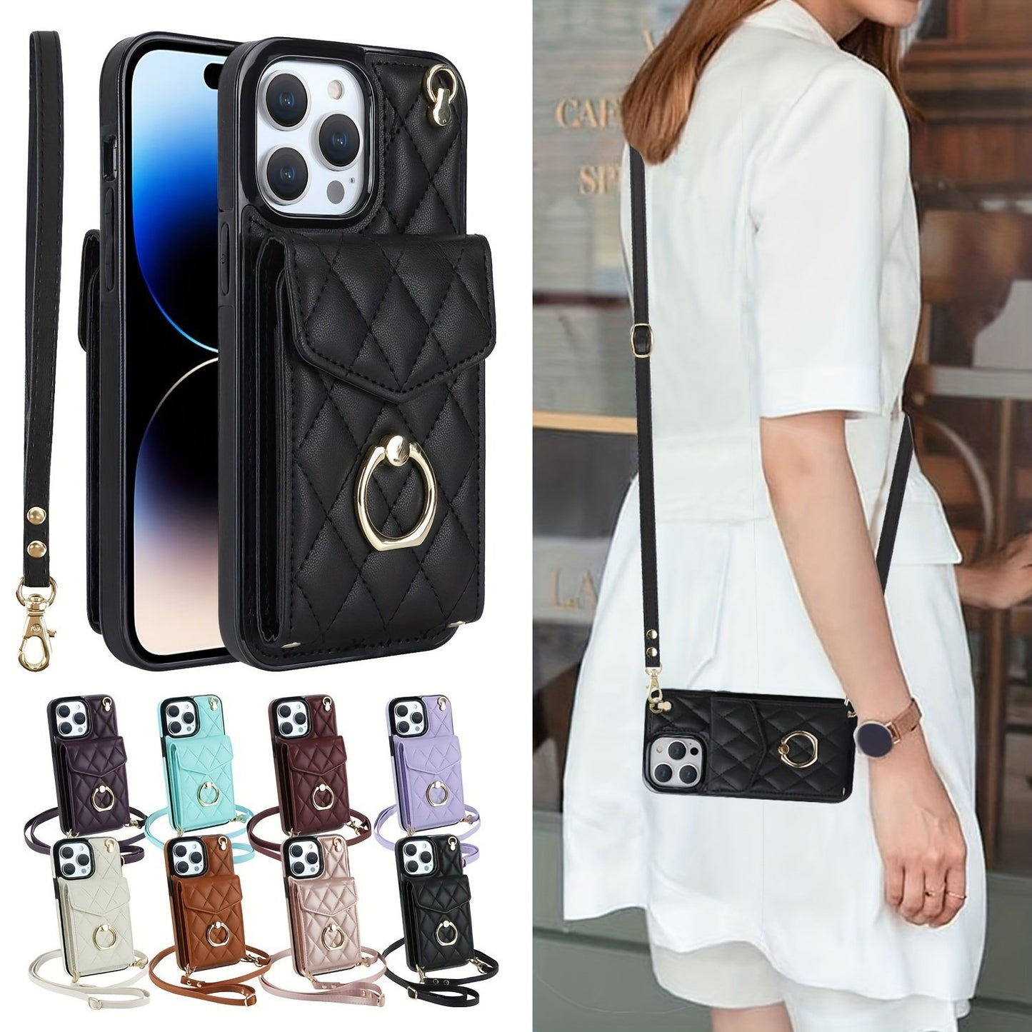 FANSONG Fashion Crossbody Bag Faux Leather Phone Case For iPhone 15 Plus 15/14/13 Pro Max Protect Case With Holder Long Lanyard Ring Wallet Card Slots Shockproof Protect Cover