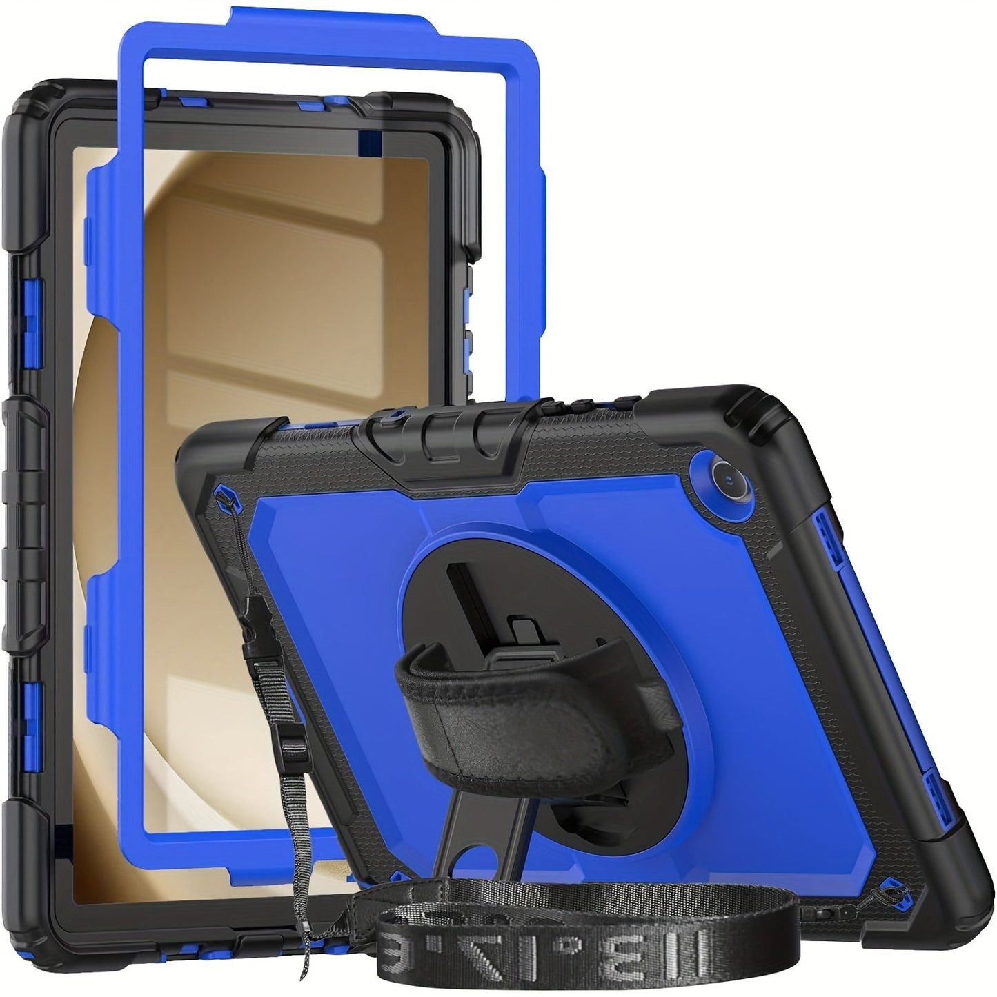 Herize Galaxy Tab A9+ Case SM-X210/X215/X216 with Screen Protector | Heavy Duty Shockproof Cover W/Penci Holder 360 Rotating Stand Hand Strap Shoulder Strap for Samsung Tab A9 Plus 11 Inch | Blue
