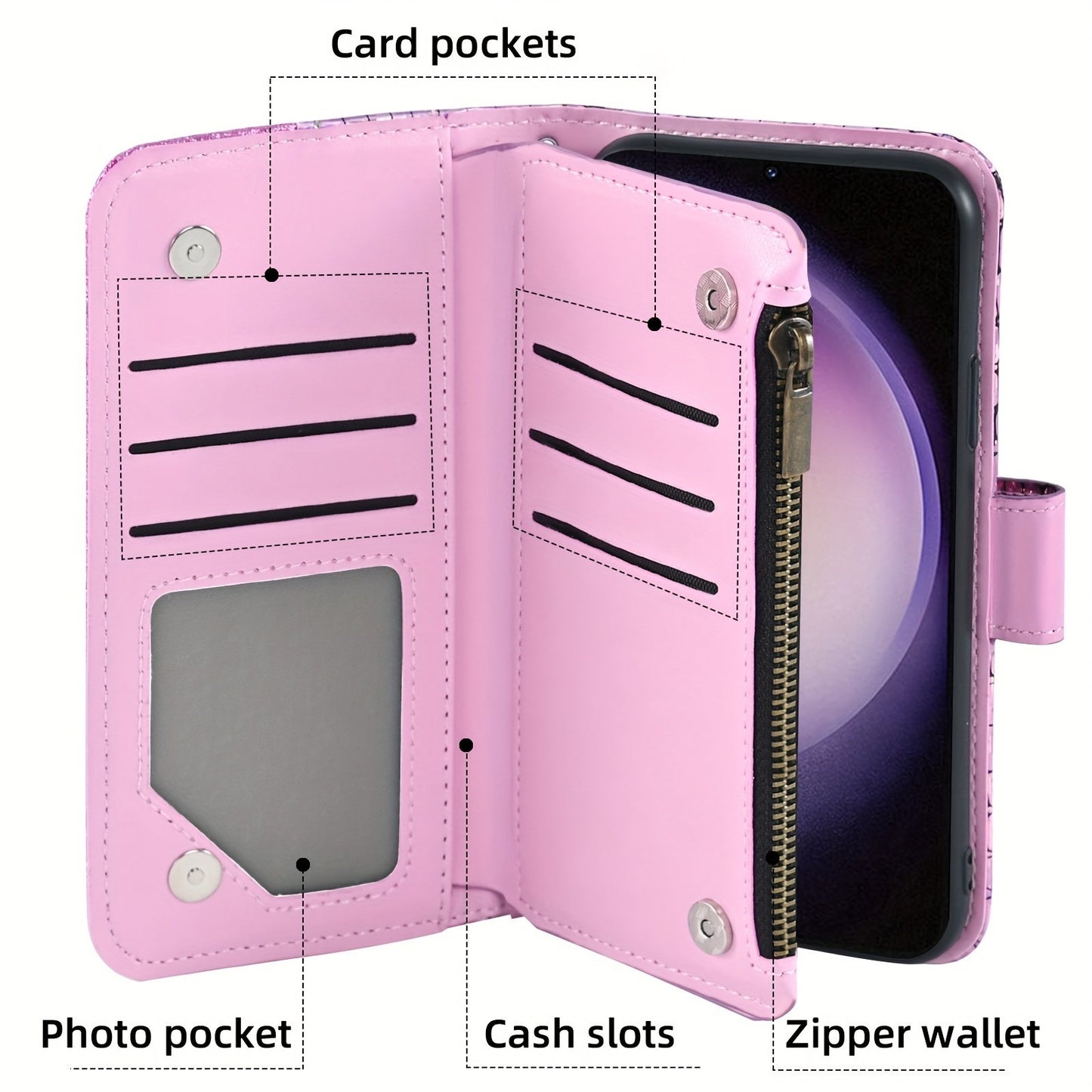 Glitter Zipper Wallet Phone Case For Samsung Galaxy S23 S22 S21 S20 S10 S10E S9 S8 S7 S6 S5 S4 S3 FE Plus Ultra + Lite 5G 4G Active Edge S 23 22 21 20 10 9 8 7 10e 22s 23s S23+ S22+ S21+ S20+ S10+ S9+