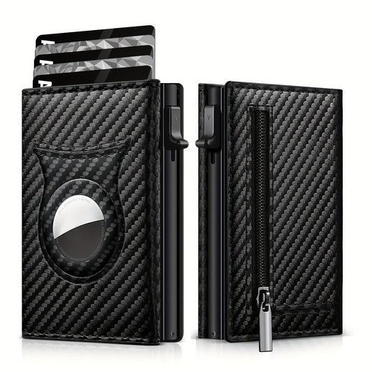 Carbon Fiber Minimalist Wallet for Men with Magnetic Closure, Airtag Compatible, ID Window and Zipper Coin Pocket
