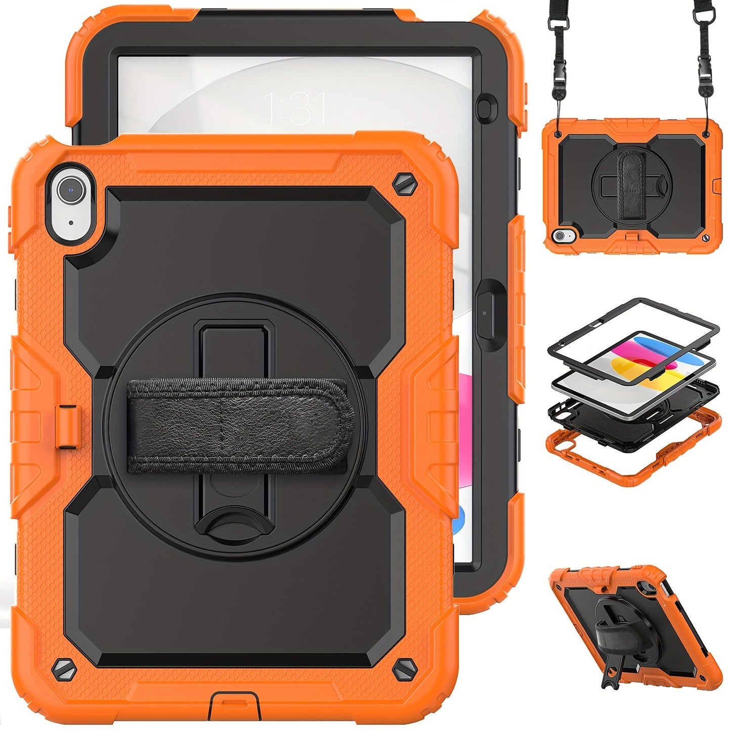 Heavy Duty Shockproof Protective Case for iPad 5th-10th Gen, Mini 6, Pro 11 - Orange, with Screen Protector, Stand, Strap, Pen Holder