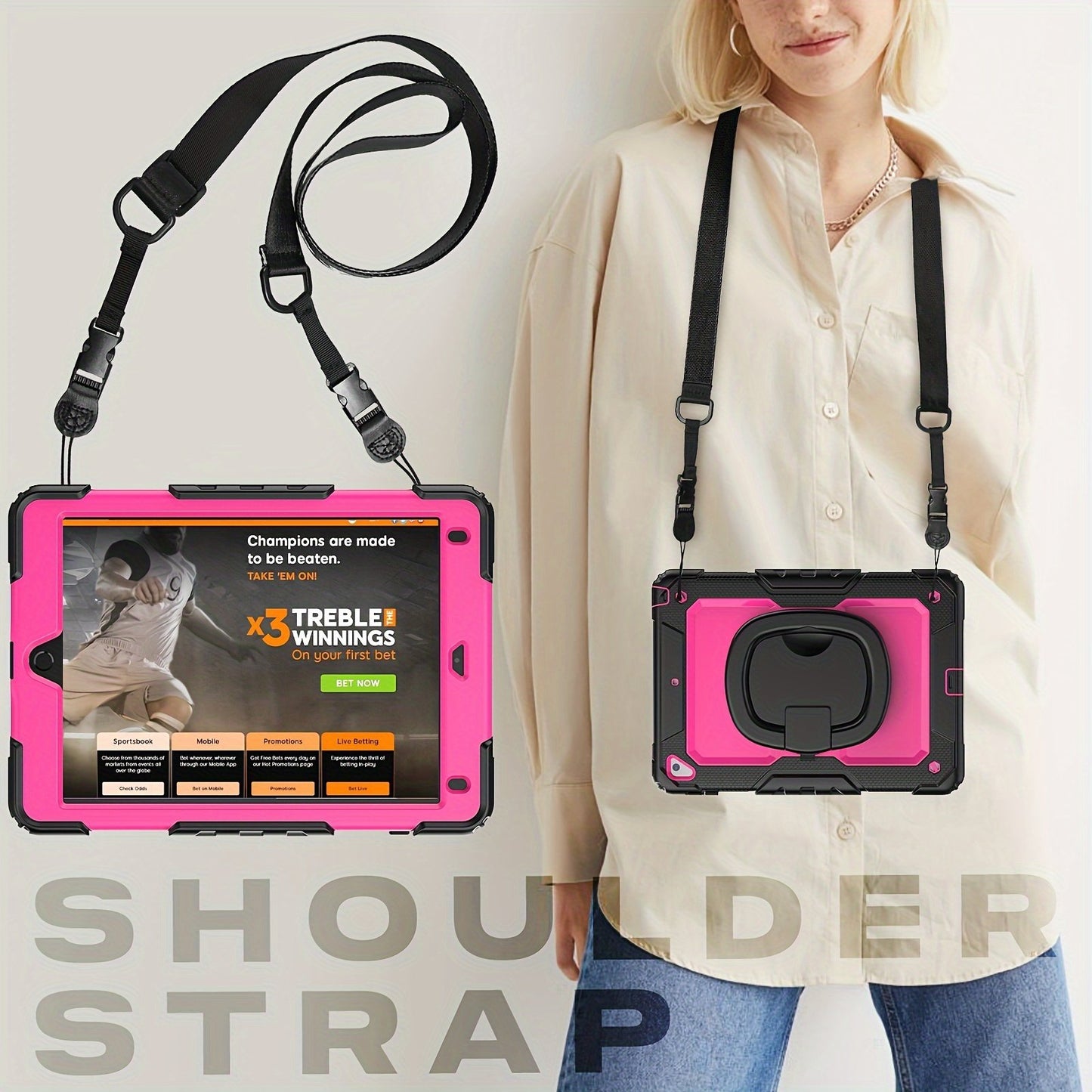For IPad Heavy Duty Shockproof Case No Screen Protector With Stand, Hand Strap/Shoulder Strap And Pencil Holder, Rose Red