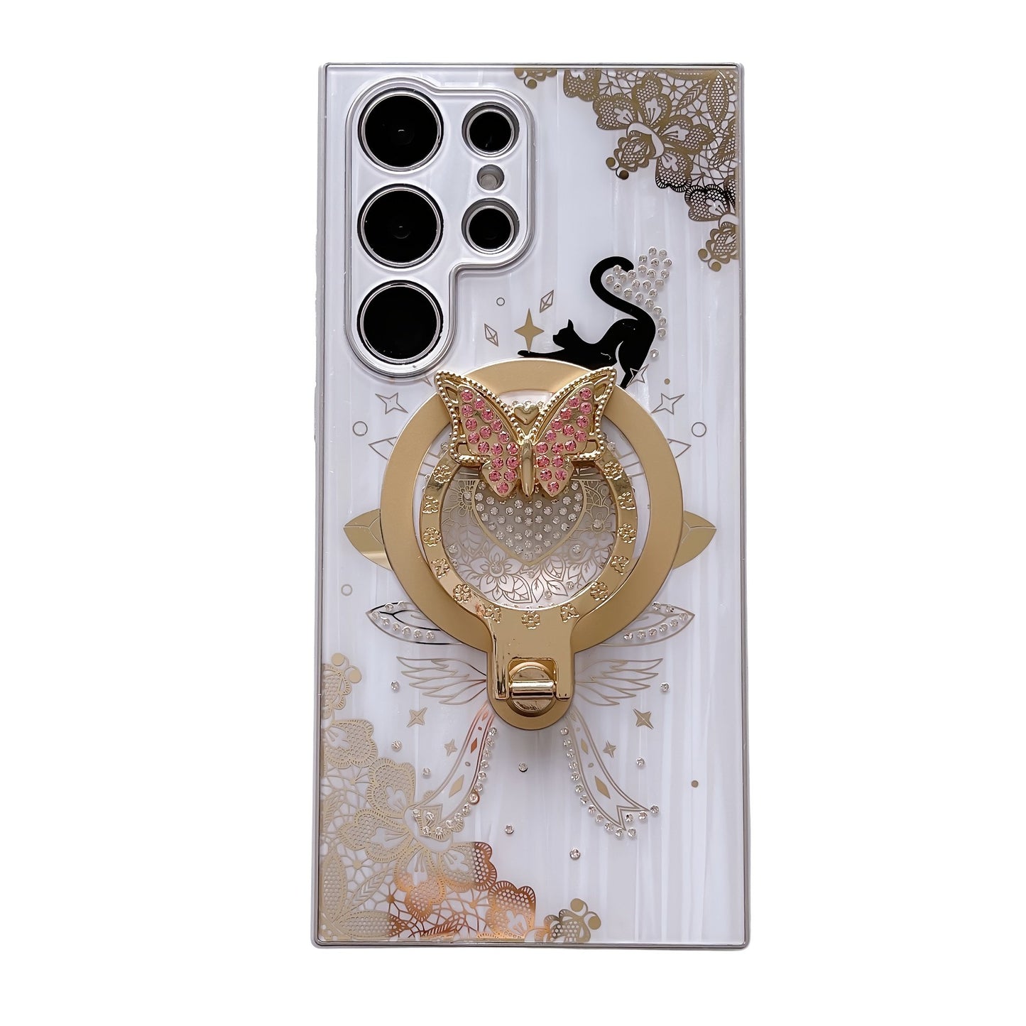 For Samsung Galaxy S24 Ultra/S23 Ultra/S22 Ultra/S24+/S23+/S22+ Phone Magnetic Case Luxury Cute Sparkling Rhinestone Butterfly Flower Design With Ring Stand, Electroplated Glitter Girl Case