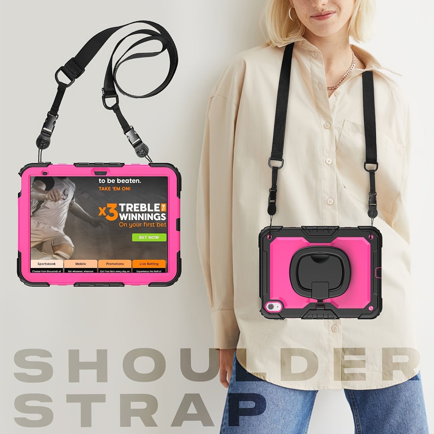 For IPad Heavy Duty Shockproof Case No Screen Protector With Stand, Hand Strap/Shoulder Strap And Pencil Holder, Rose Red