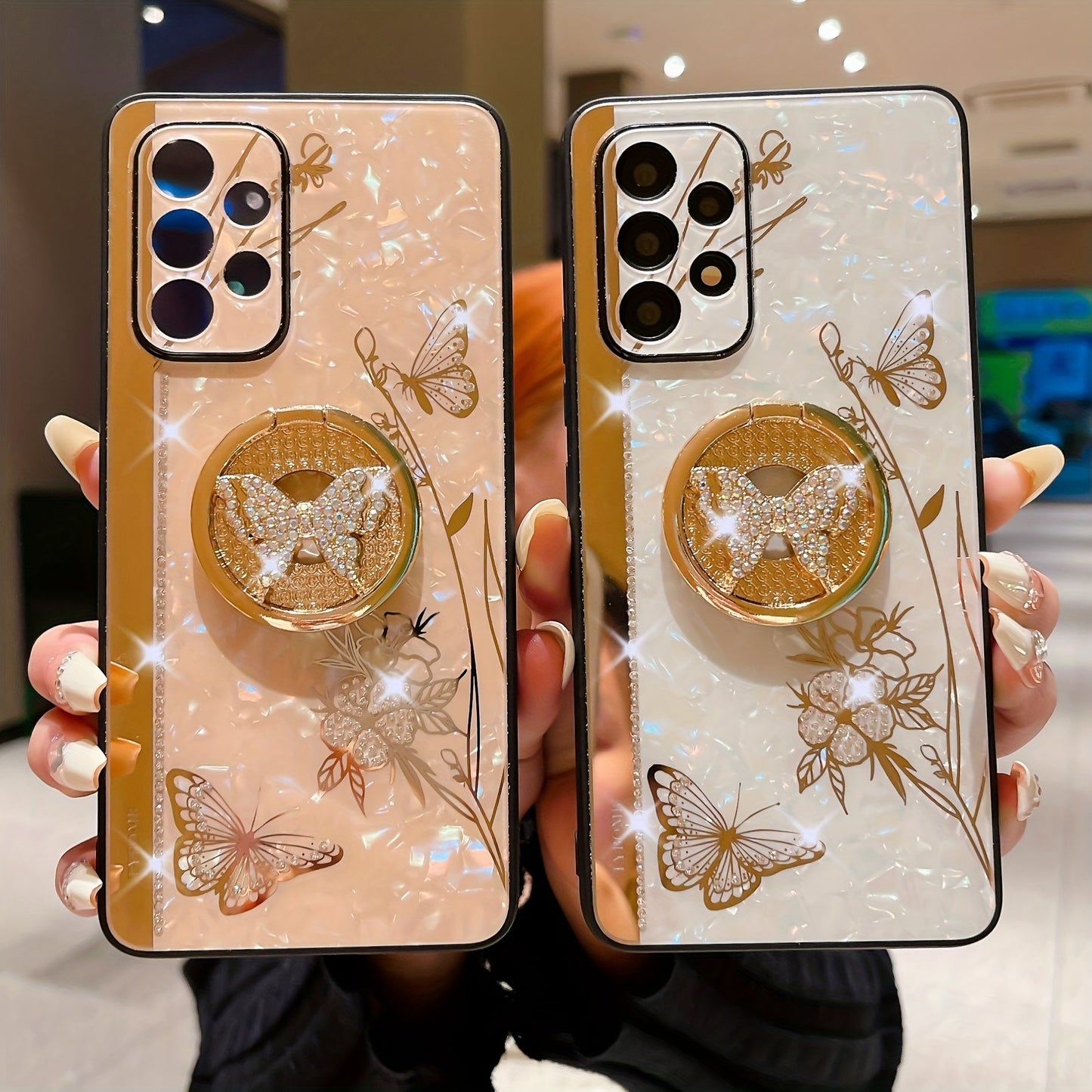 For Samsung Galaxy A23/A53/A13/A14/A54/A32 Phone Case Ladies Girl, Luxury Cute Sparkling Diamond Butterfly Flower Design With Ring Stand, Electroplated Glitter Girl Hard Case Samsung Galaxy A23/A53/A13/A14/A54/A32 Pink