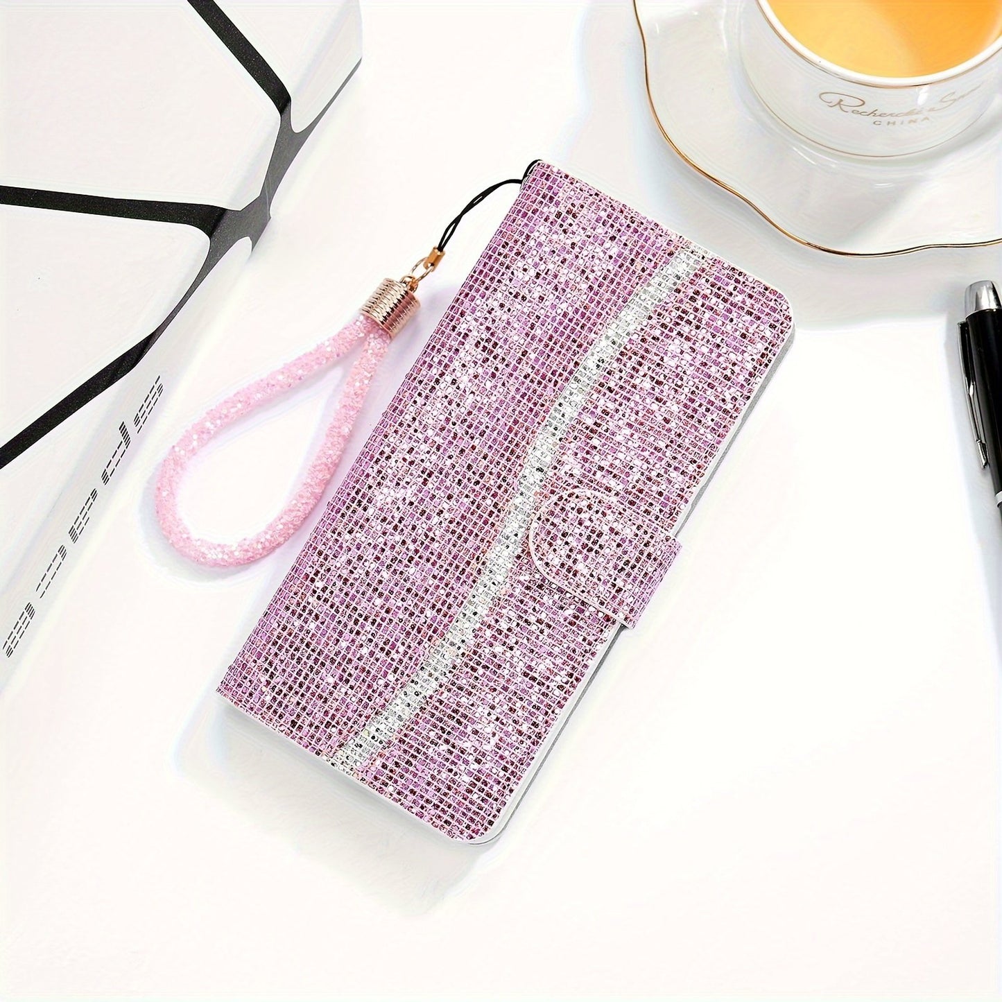Sequin Glitter Artificial Leather Card Bag Wallet Phone Case For Samsung Galaxy