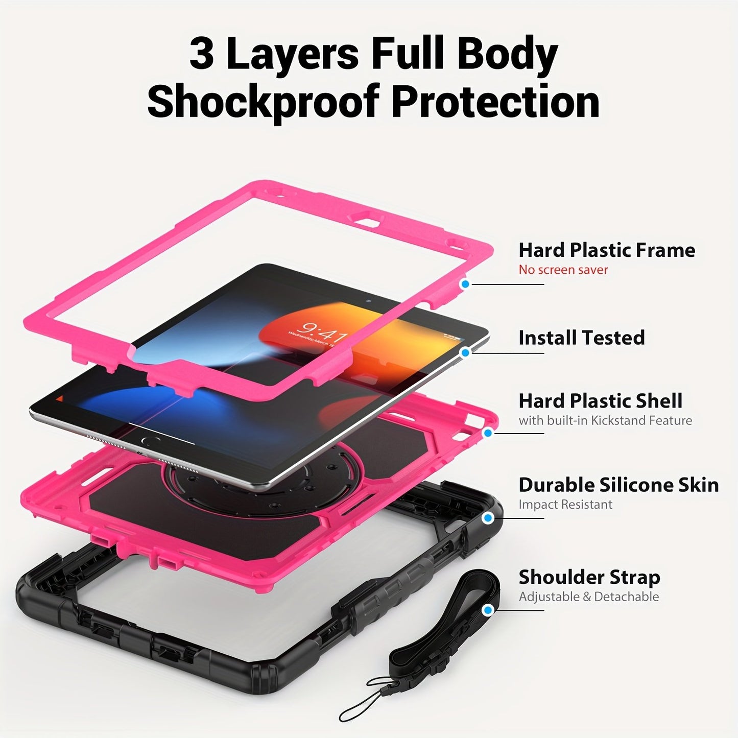 For IPad Heavy Duty Shockproof Case No Screen Protector With Stand, Hand Strap/Shoulder Strap And Pencil Holder, Rose Red