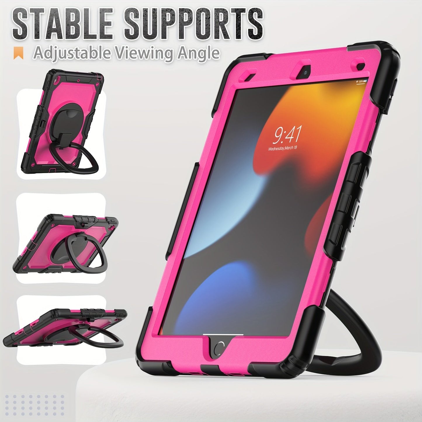 For IPad Heavy Duty Shockproof Case No Screen Protector With Stand, Hand Strap/Shoulder Strap And Pencil Holder, Rose Red