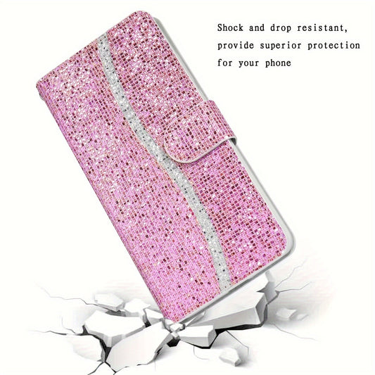 Sequin Glitter Artificial Leather Card Bag Wallet Phone Case For Samsung Galaxy