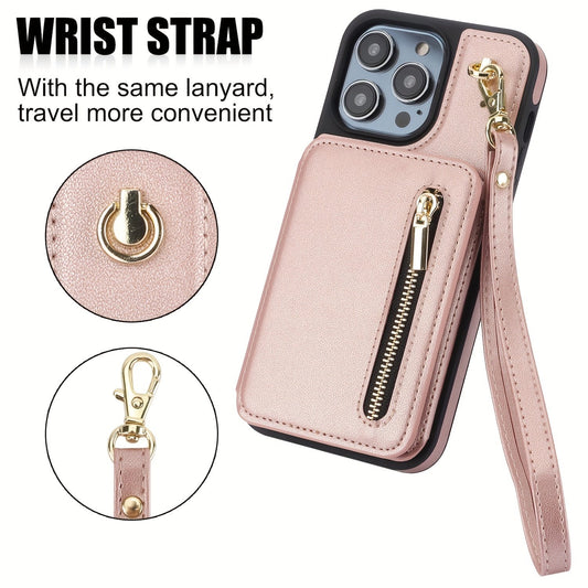 Zipper wallet card slot phone case suitable for iPhone 13 15 14 11 Pro pocket wallet phone case, white, suitable for iPhone 15 14 13 Pro Max phone can be italicized phone case - the best choice for going out