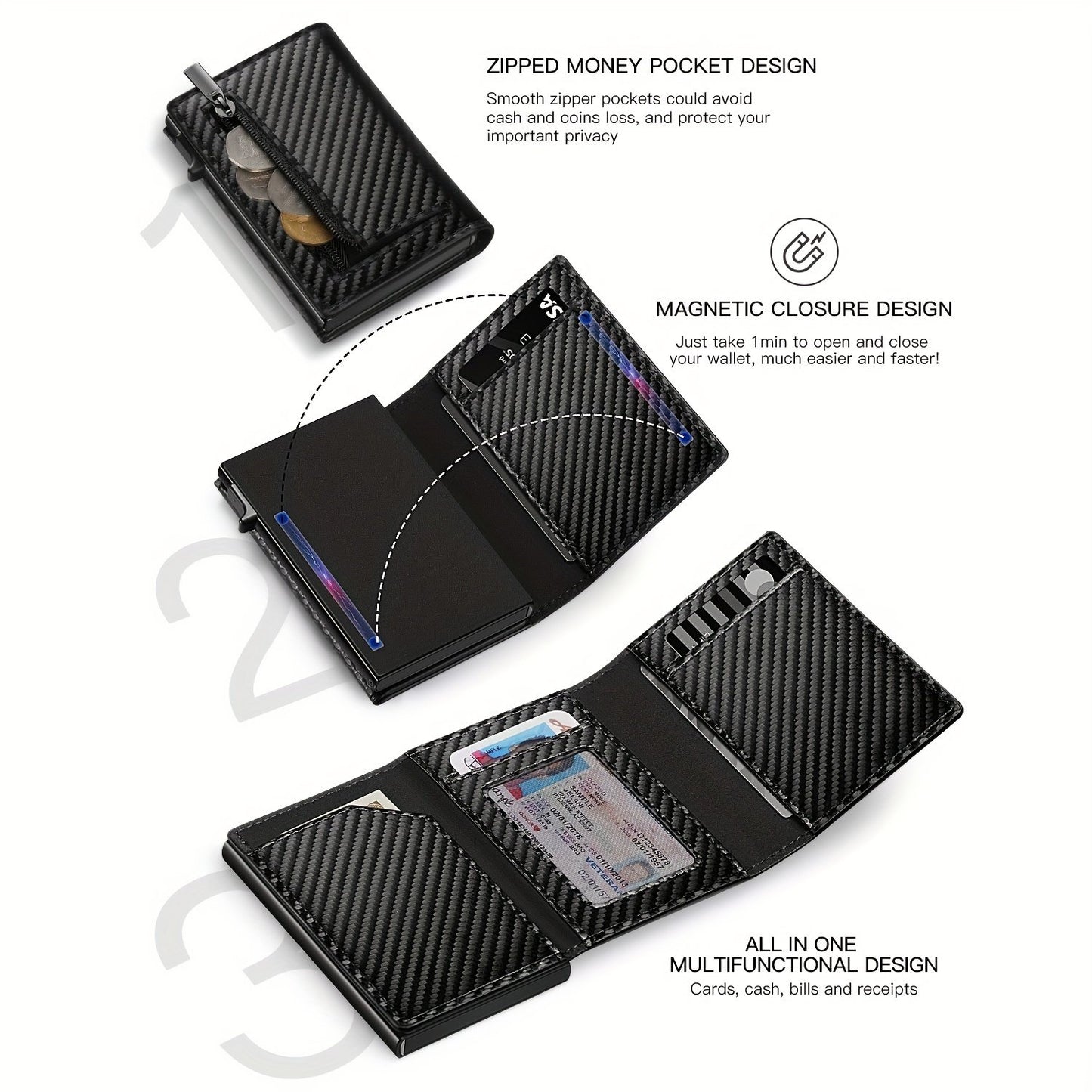 Carbon Fiber Minimalist Wallet for Men with Magnetic Closure, Airtag Compatible, ID Window and Zipper Coin Pocket