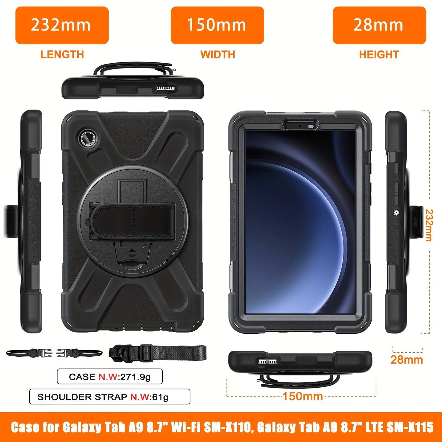 Samsung Galaxy Tab A9 Case 8.7 Inch 2023 SM-X110/X115/X117 with Screen Protector | Heavy Duty Shockproof Case with Rotating Stand Hand Strap for Galaxy Tab A9 Tablet
