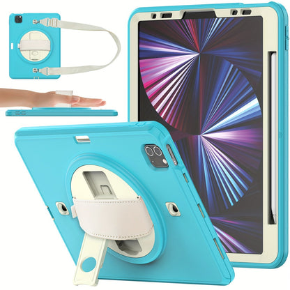 Funda para iPad Air 4/Air 5 de 10.9 pulgadas, para Pro de 11 pulgadas 2022/2021/2020/2018; con protección fuerte, protector de pantalla, correa de mano, correa para el hombro, soporte giratorio, portalápices