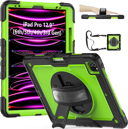 iPad Pro 12.9 inch Case 6th 2022 2021 5th Generation iPad Pro 12.9 Inch 2020 4th Gen with Screen Protector Pencil Holder Kids Shockproof Rugged Silicone Cover 360 Stand Hand Strap Black