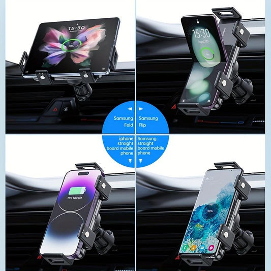 Horizontal Or Vertical Rotation 90° Rotating Car Wireless Charger Holder, Dual Coil One Hand Motorized Knob Operated Car Cell Phone Holder Stand Fast Charging For iPhone Samsung Galaxy S23 S22 S21 Google Pixel 7~4 Series