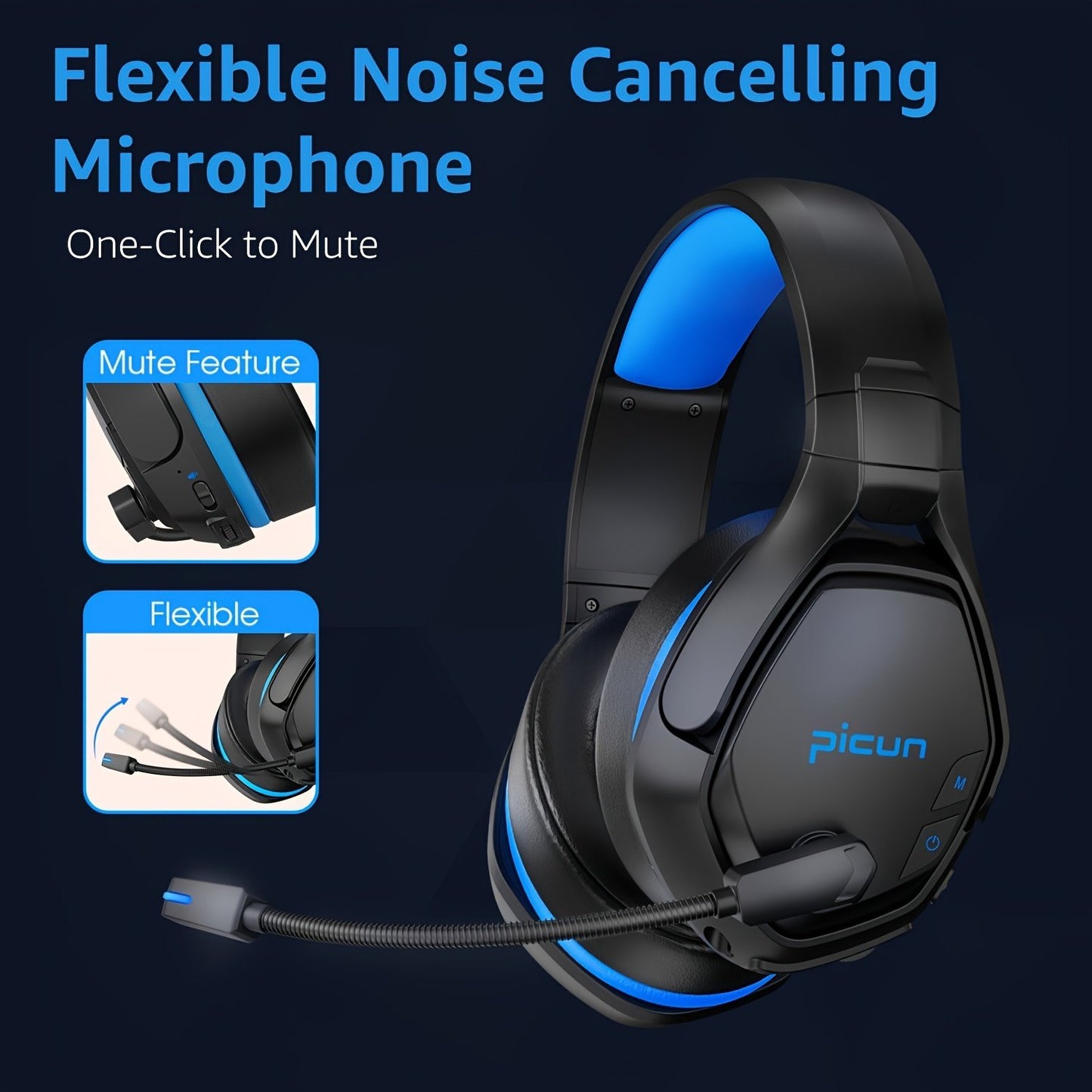 Picun PG-01 Wireless Gaming Headset for PC, PS5, PS4, MacBook, 2.4Ghz Wireless Gaming Headphones with Microphone for Laptop, Computer, 3D Surround Sound - Dynamic EQ Driver - Soft Memory Earmuffs
