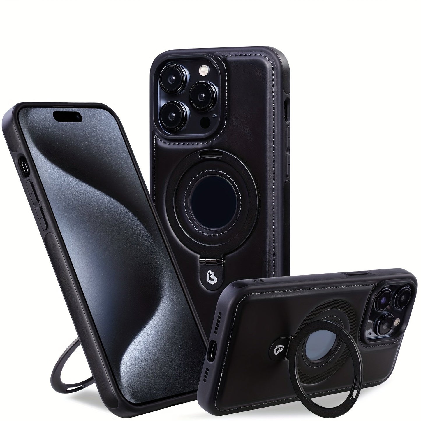 Magnetic Ring Stand Designed For IPhone Case |       Protective Faux Leather Case | Compatible With Wireless Magnetic | For Men Woman