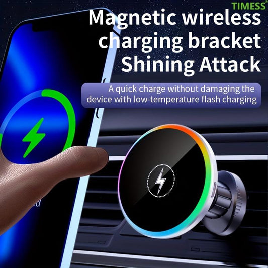 Magnetic Car Phone Holder with 15W Fast Charging, Stable Suction, 360° Rotation, and Breathing Atmosphere Light Design