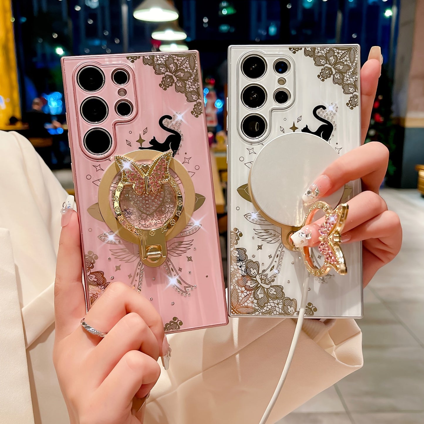 For Samsung Galaxy S24 Ultra/S23 Ultra/S22 Ultra/S24+/S23+/S22+ Phone Magnetic Case Luxury Cute Sparkling Rhinestone Butterfly Flower Design With Ring Stand, Electroplated Glitter Girl Case