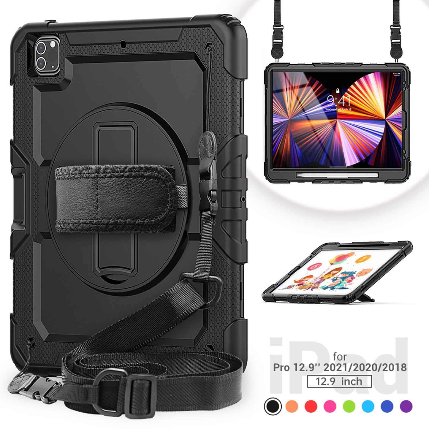 iPad Pro 12.9 inch Case with Hand Strap Pen Holder Rotating Stand