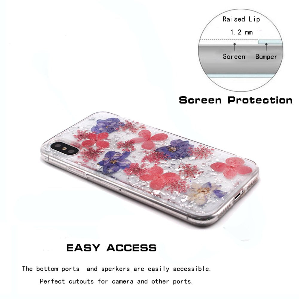 iPhone X/XS Case with Glitter Dried Real Flowers 3D Handmade
